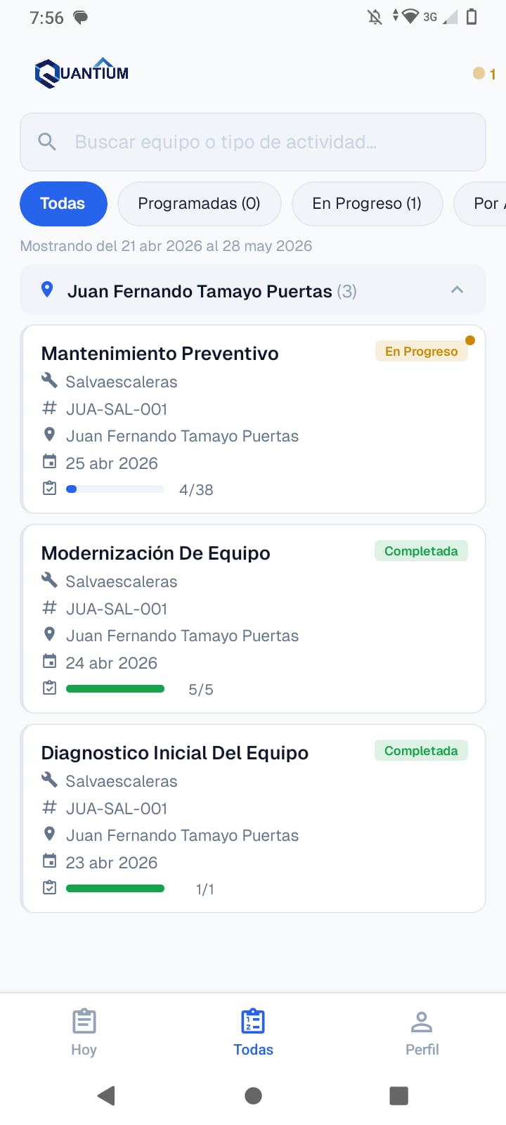 Listado de actividades del técnico